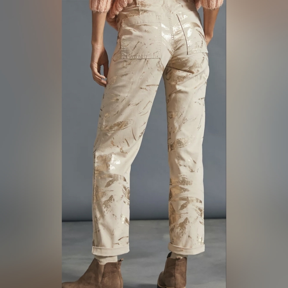 Anthropologie Wanderer Tan Metallic Gold Utility Button Fly Pocket Pants Size 30